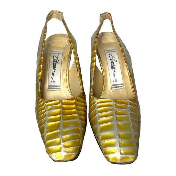 Vintage 90s Caressa Metallic Yellow Crocodile Skin Square Toe Slingback Heels 6 - Picture 2 of 11